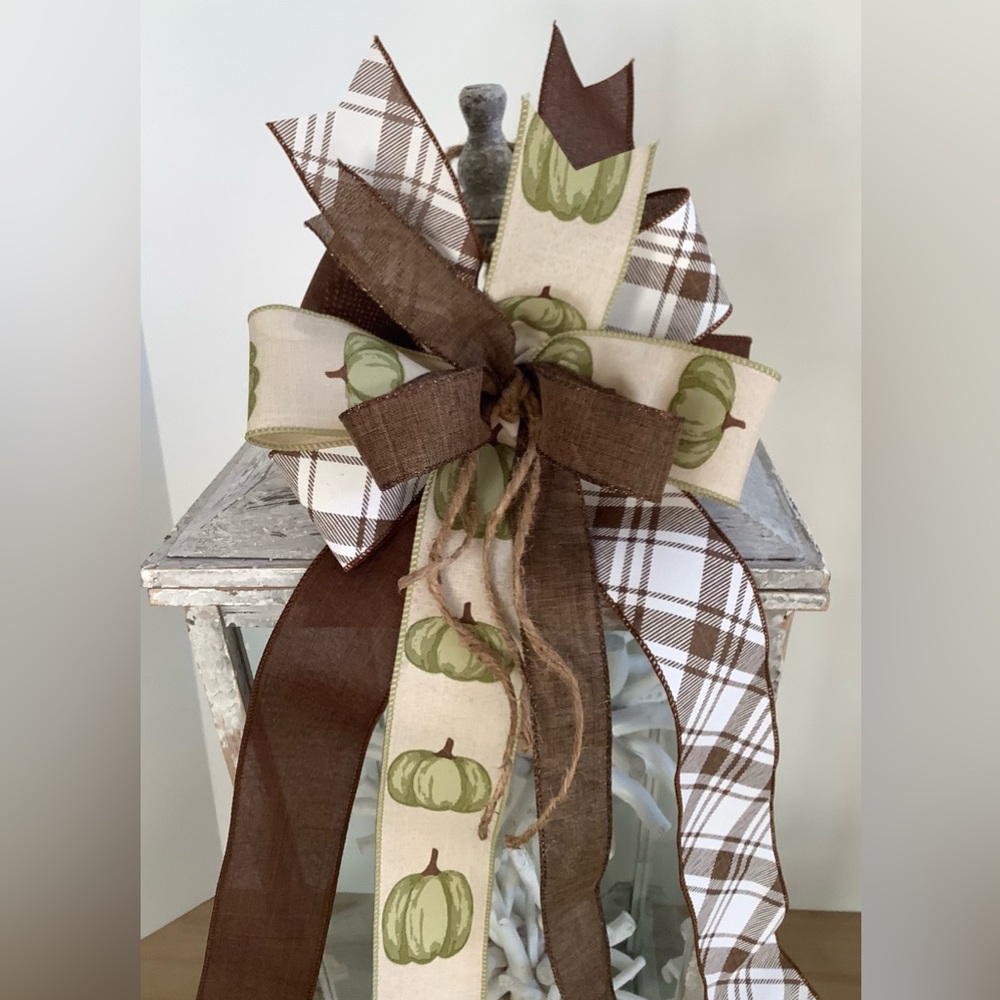 Fall Pumpkin Bow, Wreath Bow, Wreath Accent, Lantern Bow, & Green Pumpkin Bow.
